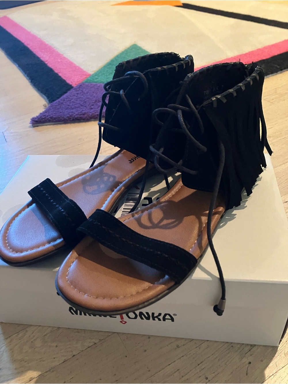 Minnetonka Black Suede Fringe Lace-Up Women's Sandals